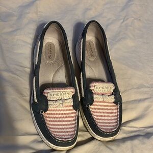 Sperry Navy Leather Trim Pink-and-White Striped Slip-On Boat Shoes